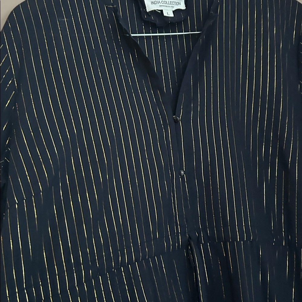 Emerson Fry Frances Dress Maritime Lurex Navy Metallic Stripes Drawstring Size L - Picture 8 of 12